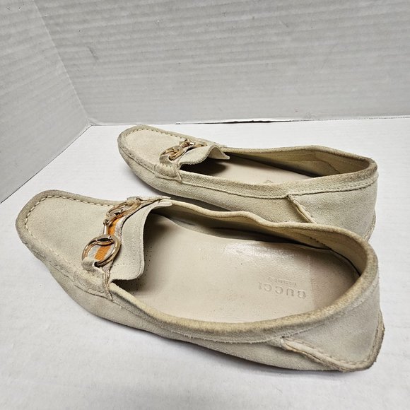 GUCCI Loafer Slip On Shoes Beige Cream Leather Made in Italy Horsebit Buckle 8.5 - Picture 6 of 16